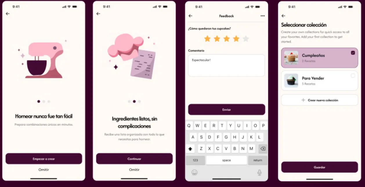 Cuatro pantallas del prototipo de la app Cupcakelife