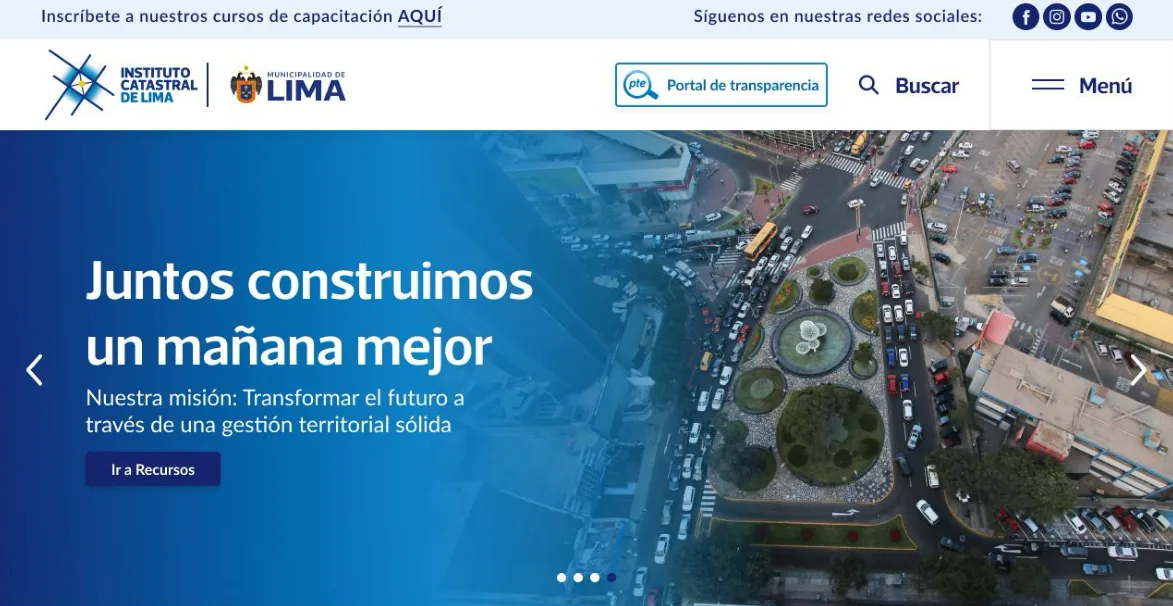 Prototipo de la web del Instituto Catastral de Lima con vista aérea de la ciudad
