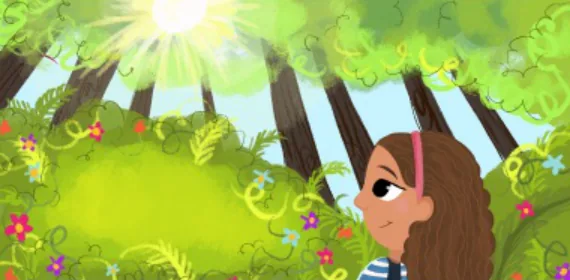 La niña observa un bosque luminoso con rayos de sol